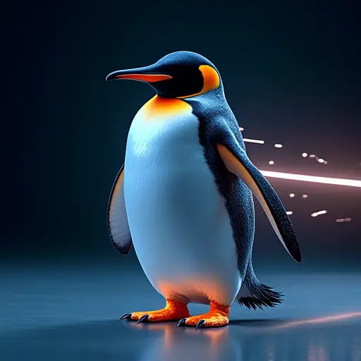 A penguin with sleek, glowing laser patterns running along its body, representing speed and energy in a digital form.