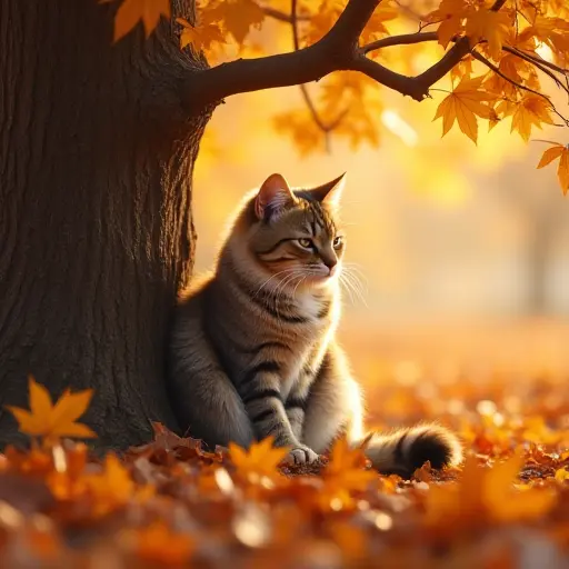 A cat sitting peacefully beneath a tree, surrounded by a sea of fallen autumn leaves, its fur blending in with the surrounding golden and amber hues.