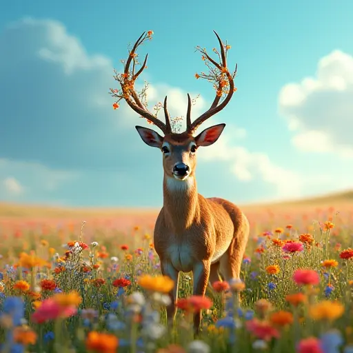 A gentle deer standing in a sprawling field of colorful wildflowers, its antlers adorned with vines and blossoms, under a vibrant blue sky.