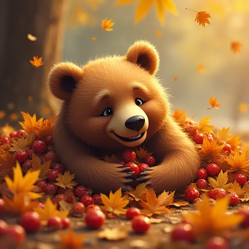 A bear lying in a pile of autumn leaves, with a contented expression as it digs through the pile to find the last of the fallen berries, while golden leaves swirl around it in the crisp air.