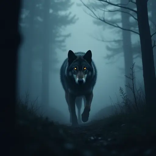 A shadowy wolf emerging from dense forest fog, with its eyes glowing faintly in the dim light filtering through the mist.