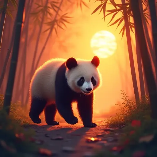 A panda walking through a bamboo forest bathed in the golden and pink hues of a glowing sunset, with leaves scattered on the ground.