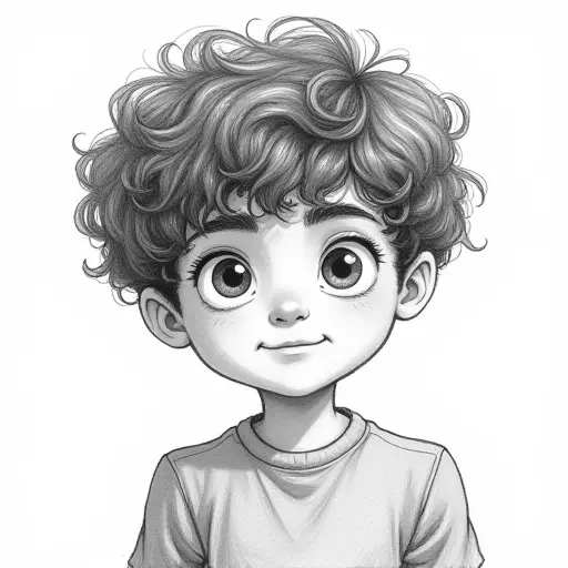 A boy with thick, curly hair, sketched with bold pencil lines and soft shading for texture.