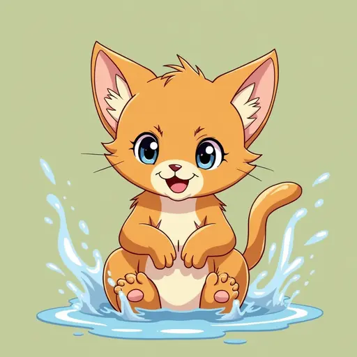 studio ghibli style of A abyssinian cat playfully splashing water with its paws, showing a mischievous expression.