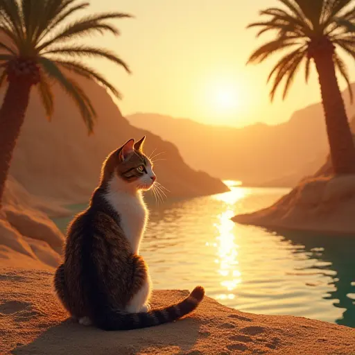 A cat resting near a shimmering desert oasis, surrounded by palm trees and sparkling water under the warm sun.