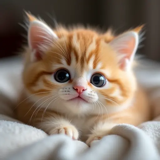 Sweet cat with a warm smile, big round eyes, and soft fur, lying on a pillow.