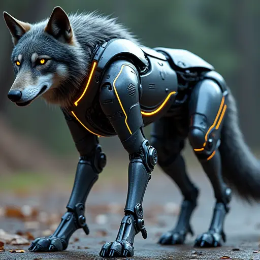 A wolf with a mechanical exoskeleton, its body encased in futuristic armor plating with glowing lines that pulse like energy conduits. The mechanical joints allow for agile movements, resembling an advanced combat robot.