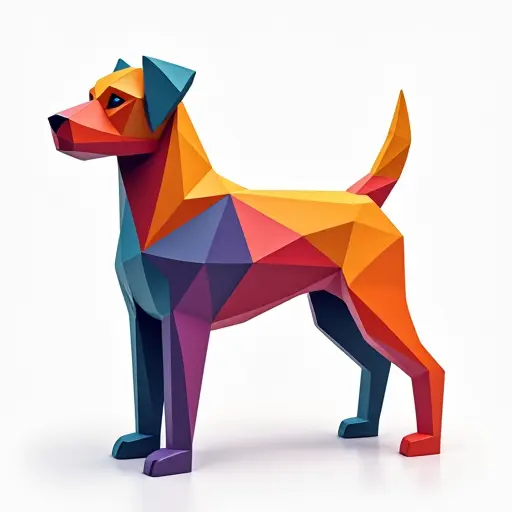 A dog depicted in a 3D geometric style, with sharp angles and vibrant color blocks forming its body.