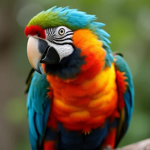 Colorful parrot with vibrant feathers, sitting on a perch with bright eyes.