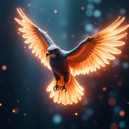 A falcon avatar with wings emitting glowing electric waves, flying through a digital world filled with high-tech particles.