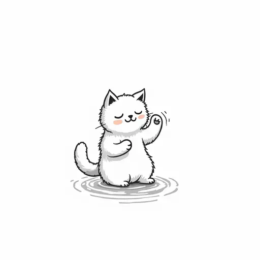 clean black and white hand-drawn outlines of A persian cat playfully splashing water with its paws, showing a mischievous expression.