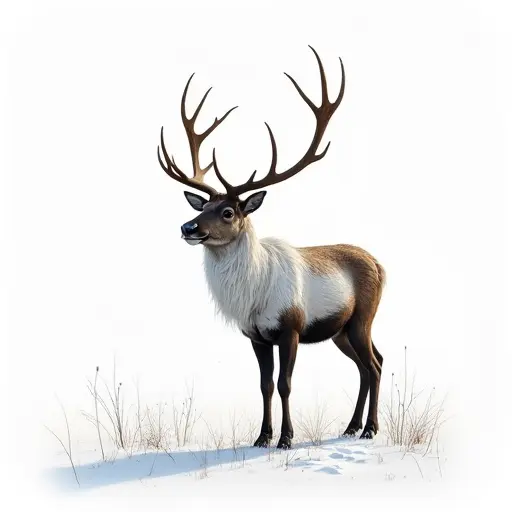 A reindeer standing proudly in a snowy field, sketched with detailed line work and shaded with cool tones.