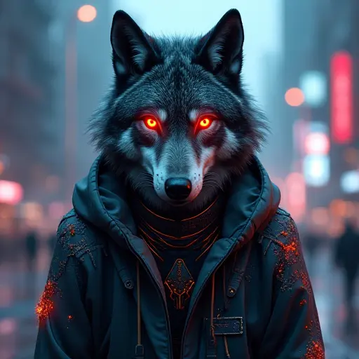 A wolf avatar with digital tattoos and glowing, cyberpunk eyes, set against a futuristic, dark city backdrop.