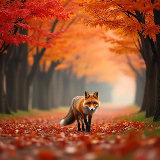 A fox walking through a grove of maple trees with brilliant red and orange leaves, its fur blending with the colors of the foliage as it sniffs the crisp autumn air.