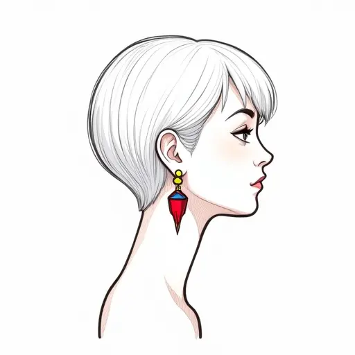 A girl with short, sleek hair and dangling earrings, drawn in minimalist lines with bright colors for the earrings.