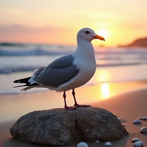 A seagull perched on a rock by the ocean, with seashells scattered around it on the sandy beach, while the waves crash gently against the shore and the sun sets in the background.