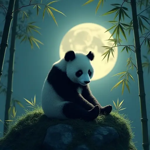 A panda sitting peacefully on a mossy rock under the soft glow of the moon, surrounded by bamboo stalks swaying gently in the cool night breeze.