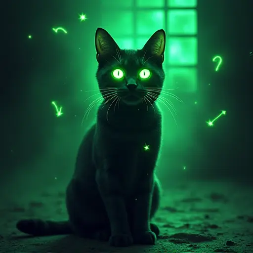 A mysterious cat with glowing green eyes and magical symbols floating around it, sitting in a dark enchanted room.