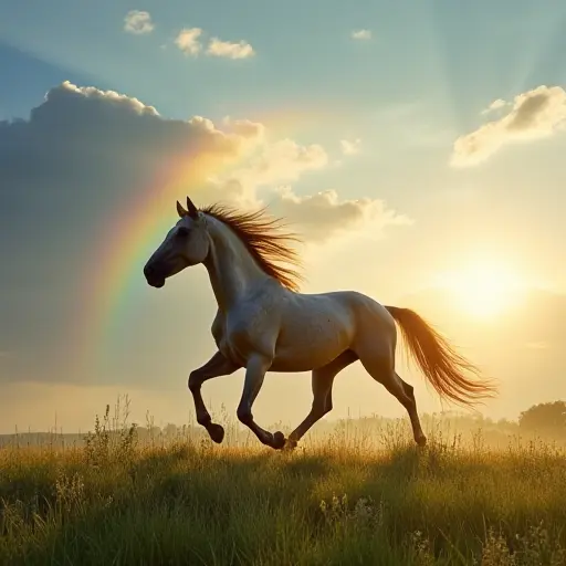 A horse galloping across a grassy plain under a vibrant rainbow, its mane flowing like clouds in the breeze.