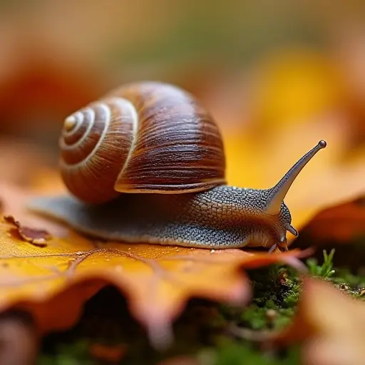 A snail crawling slowly over a patch of soft autumn leaves, its shell glistening with tiny drops of dew, surrounded by fallen leaves in all shades of fall colors.