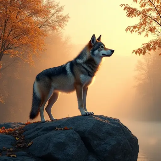 A wolf standing on a rocky hill, surrounded by autumn trees, with the early morning fog swirling around its paws, and the golden leaves gently falling from the trees as the wolf gazes into the distance.