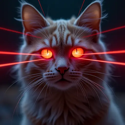 A cat with piercing laser-like eyes, emitting bright laser beams, giving it an intense, high-tech look.