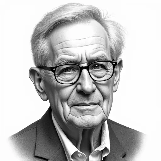 An elderly man with gray hair and glasses, drawn with soft pencil lines and realistic shading for depth.