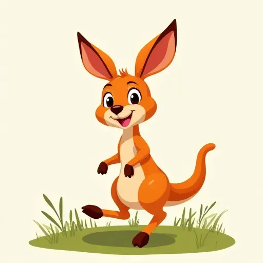 Playful kangaroo with big ears, long tail, and a happy expression, hopping in the grass.