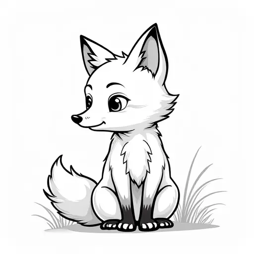 black and white simple line drawing of a baby fox from the side view