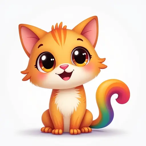 Cute cat with a rainbow-colored tail, big bright eyes, and a happy expression.