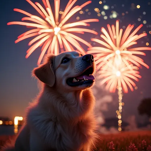 A dog surrounded by colorful fireworks exploding in the night sky, reflecting joy and celebration.