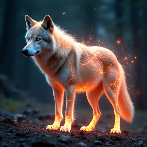 A wolf with a glowing body and shifting quantum patterns, constantly flickering between different forms.