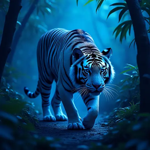 A tiger with sapphire blue stripes, prowling through a moonlit jungle with soft blue glow illuminating its sleek form.