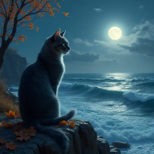 A cat with a sleek coat, sitting on a rocky cliff overlooking the ocean at night, with the moon casting its silver light across the waves as the wind blows the salty air and autumn leaves float across the landscape.