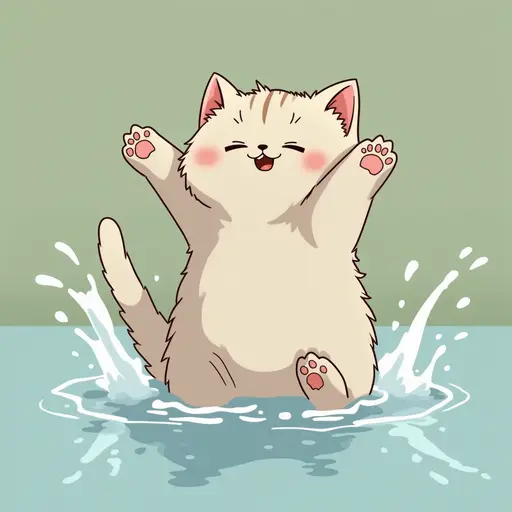 studio ghibli style of A british shorthair playfully splashing water with its paws, showing a mischievous expression.