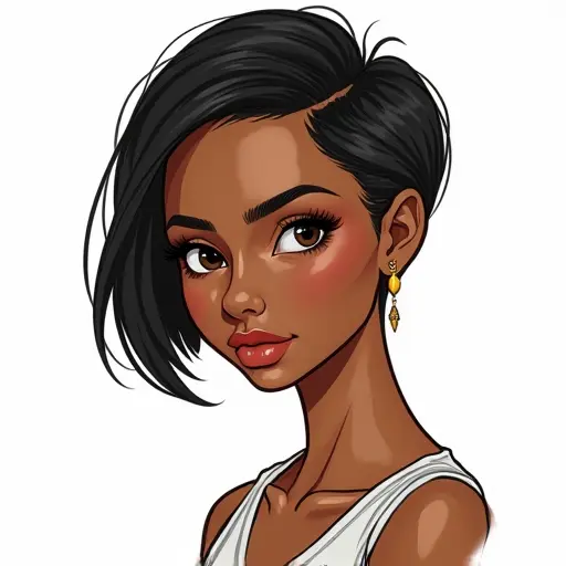 A girl with darker skin and short hair, sketched in bold, clean lines with a modern look.