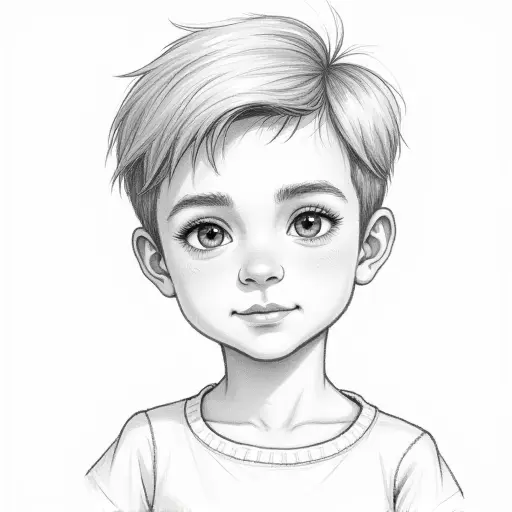 A boy with fair skin and short hair, sketched with clean pencil lines and light shading.