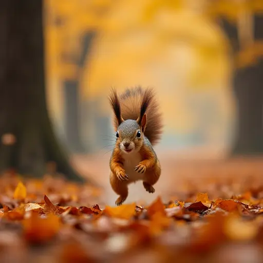 A squirrel darting from tree to tree in an autumn forest, its fur blending with the warm hues of the falling leaves, while the ground is blanketed in a colorful carpet of leaves.