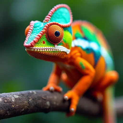 Colorful chameleon with bright skin, sitting on a branch with a curious expression.