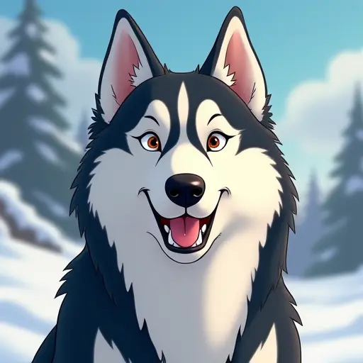 studio ghibli style of a siberian husky from the front view