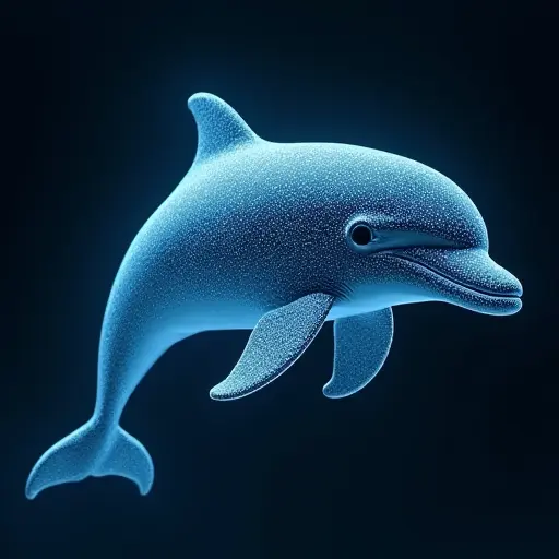 A dolphin’s head with digital, holographic patterns moving across its surface, as if it’s a projection in the digital world.