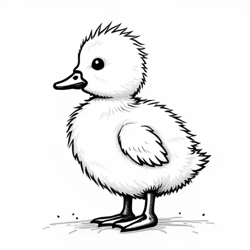 clean black and white hand-drawn outlines of a baby duck from the side view