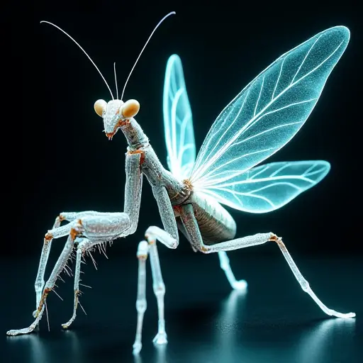 A mantis with a body made of glowing laser beams, its wings created from transparent holograms that shimmer with every movement. The mantis moves with calculated precision, creating a futuristic, high-tech predator.