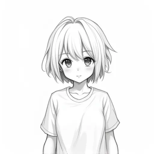 A girl with short hair wearing a t-shirt, sketched in minimalist lines with soft pencil shading.