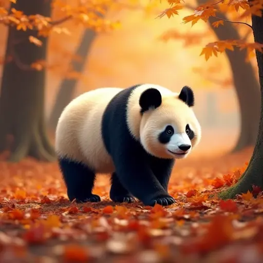 A panda strolling lazily through an autumn grove, its thick black and white fur standing out against the golden and red leaves that blanket the forest floor.