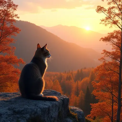 A cat perched on a mountain peak, gazing at the forest below where the trees are ablaze with the rich colors of fall leaves, bathed in the soft light of sunset.