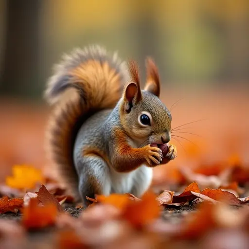 A squirrel busily collecting acorns in an autumn forest, its tiny paws brushing against the fallen leaves that cover the ground, surrounded by the warm hues of orange and red leaves.