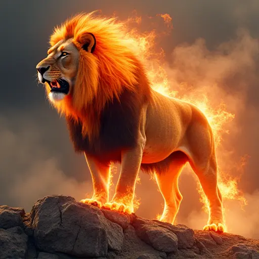 A fierce lion with a fiery mane that glows with orange and red flames, standing on a rocky terrain with smoke rising around it.