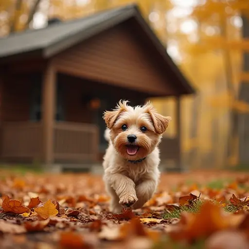 A small dog running around a cozy wooden cabin, its fur flying in the breeze, while autumn leaves swirl around the cabin, creating a nostalgic and peaceful fall scene.