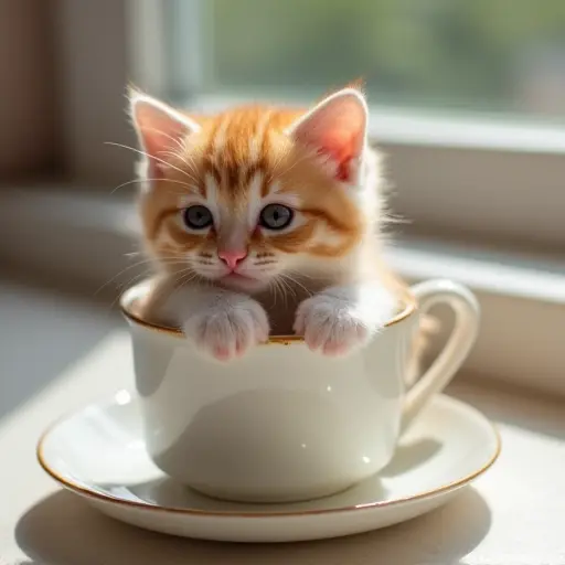 Tiny kitten sitting in a small tea cup, looking playful and comfortable.